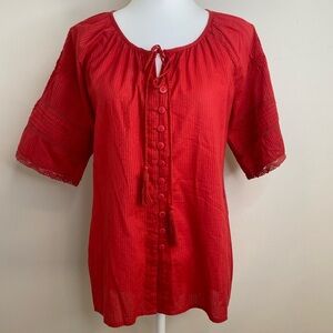 April Cornell Poppy Embroidered Tassel Short Sleeve buttoned Down Blouse…